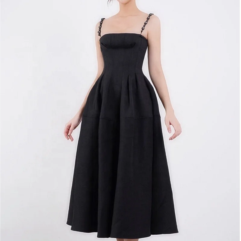 2022 New Light Luxury Dress Design Slim Simple Black Sling Dress Party Evening Dress