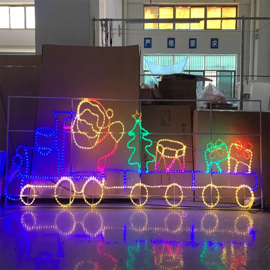 2D train rope light motif with Santa for Christmas themen park square decorative