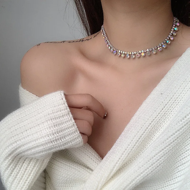 
DanYuan AB colorful rainbow crystal choker necklace bar nightclub hiphop clavicle rhinestone choker necklace girls gift 