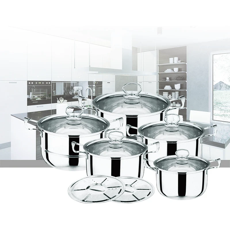 Stainless Steel Cookware Pot Pan Sets Metal Logo Custom OEM Nonstick Frying Pan Hot Sale Low Price Manufacturer 12pcs All-season