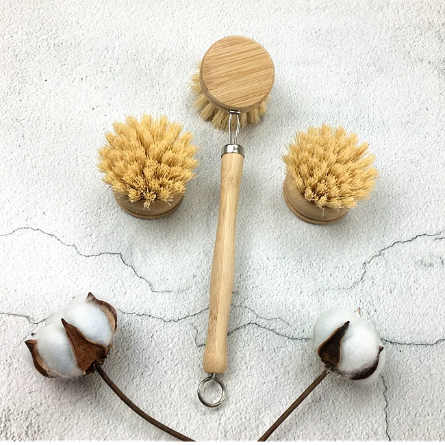 Natural Bamboo Handle Pot Cleaner Dish Brush with replacement head