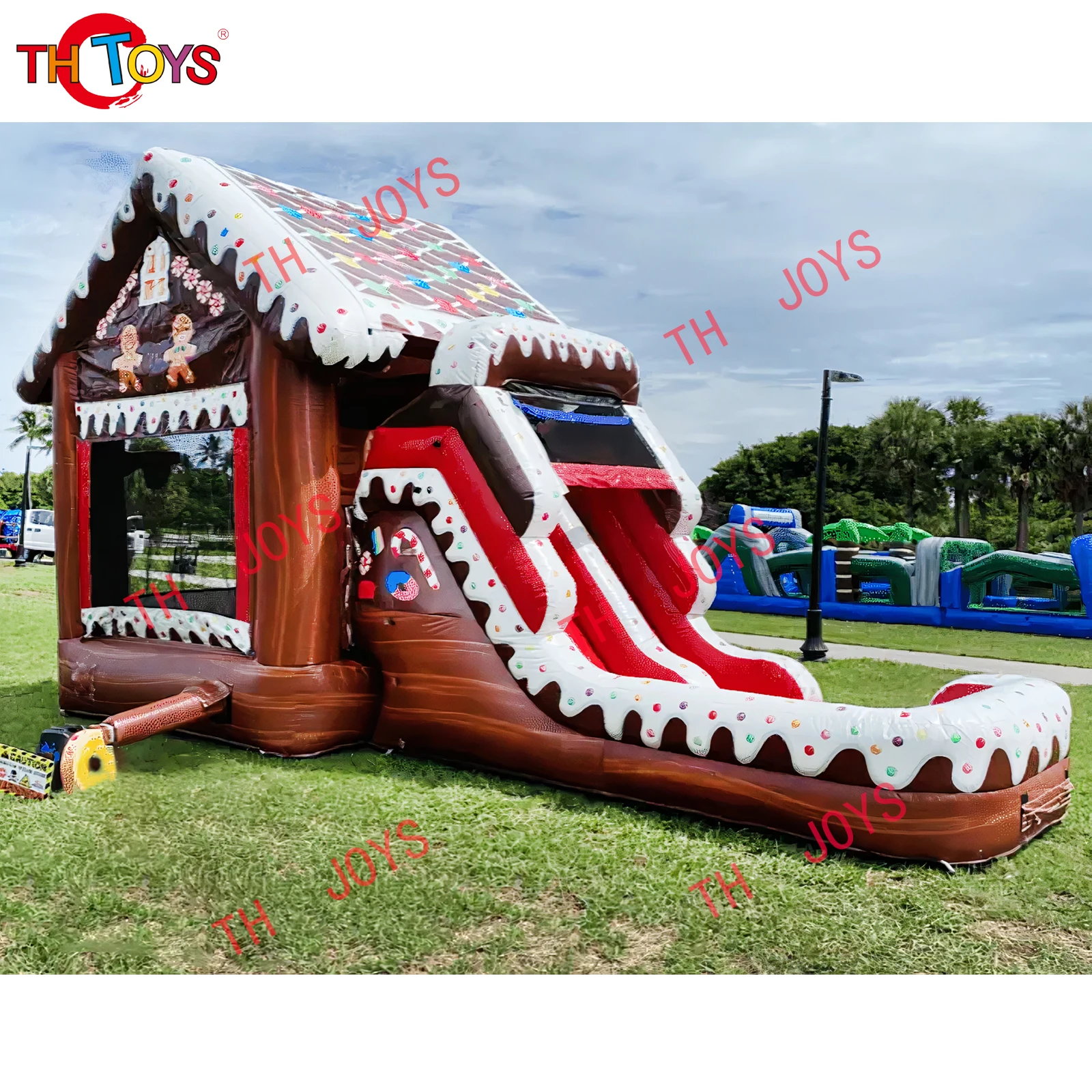 Gingerbread Bounce House With Dry Slide Combo Candy Inflatable Christmas Gingerbread Man Jumping Bed