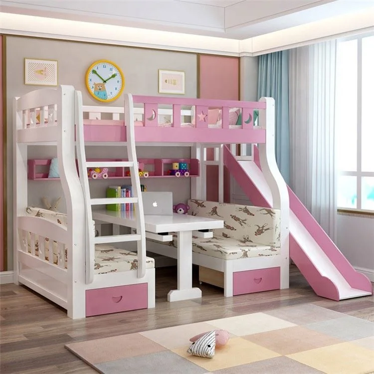Popular Modern Design Kids Bed Room Kids Bunk Beds  Slide Wooden 3 in Children Loft Bed