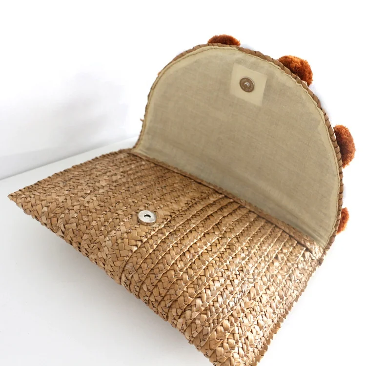 women wheat straw hand tote purses clutch bag and handbags with plush fur ball