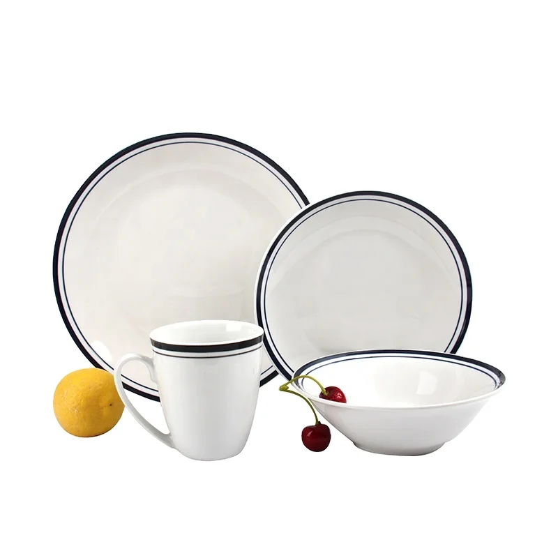 Factory Direct Sales Hotel Ceramic Plates Sets Dinnerware  Fine Porcelain 16Pcs Dinner Set With Color Rim