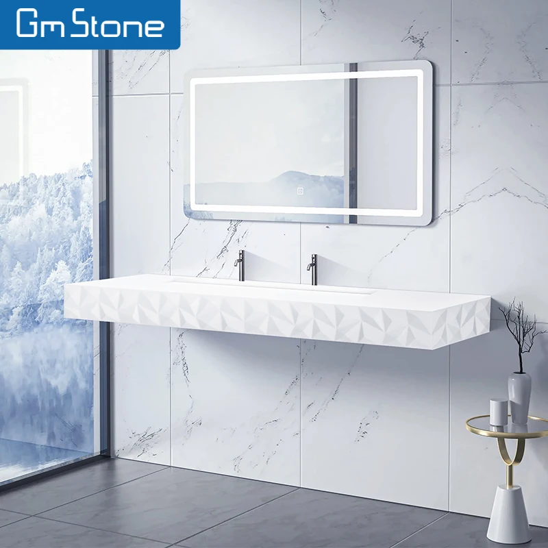 Modern Elegant Rectangular Diamond edge Artificial Stone Solid Surface Sink New Sanitary Hand Wash Wall-Hung Resin Material