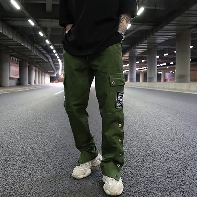 OEM vintage side button loose straight embroidery cargo pants couple hiphop casual trousers stretch waist side pocket work wear