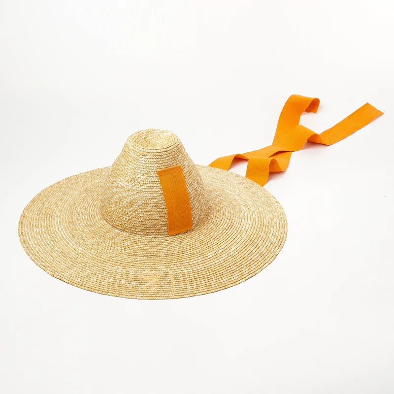 
Occident Style new cone high hat ribbon hand-woven large buckwheat straw hat outdoor sunscreen beach hat for women 