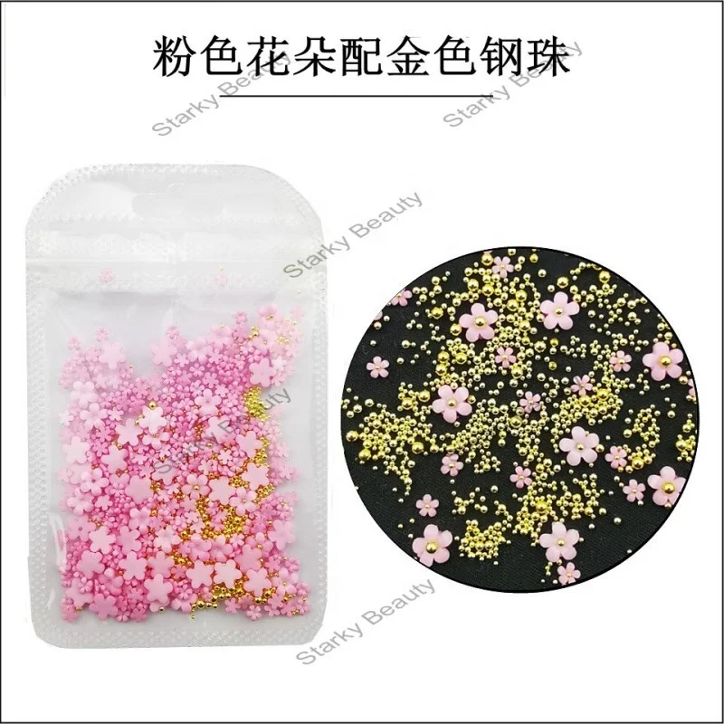 Hot selling nail art flower accessories 3D gold and silver beads mixed