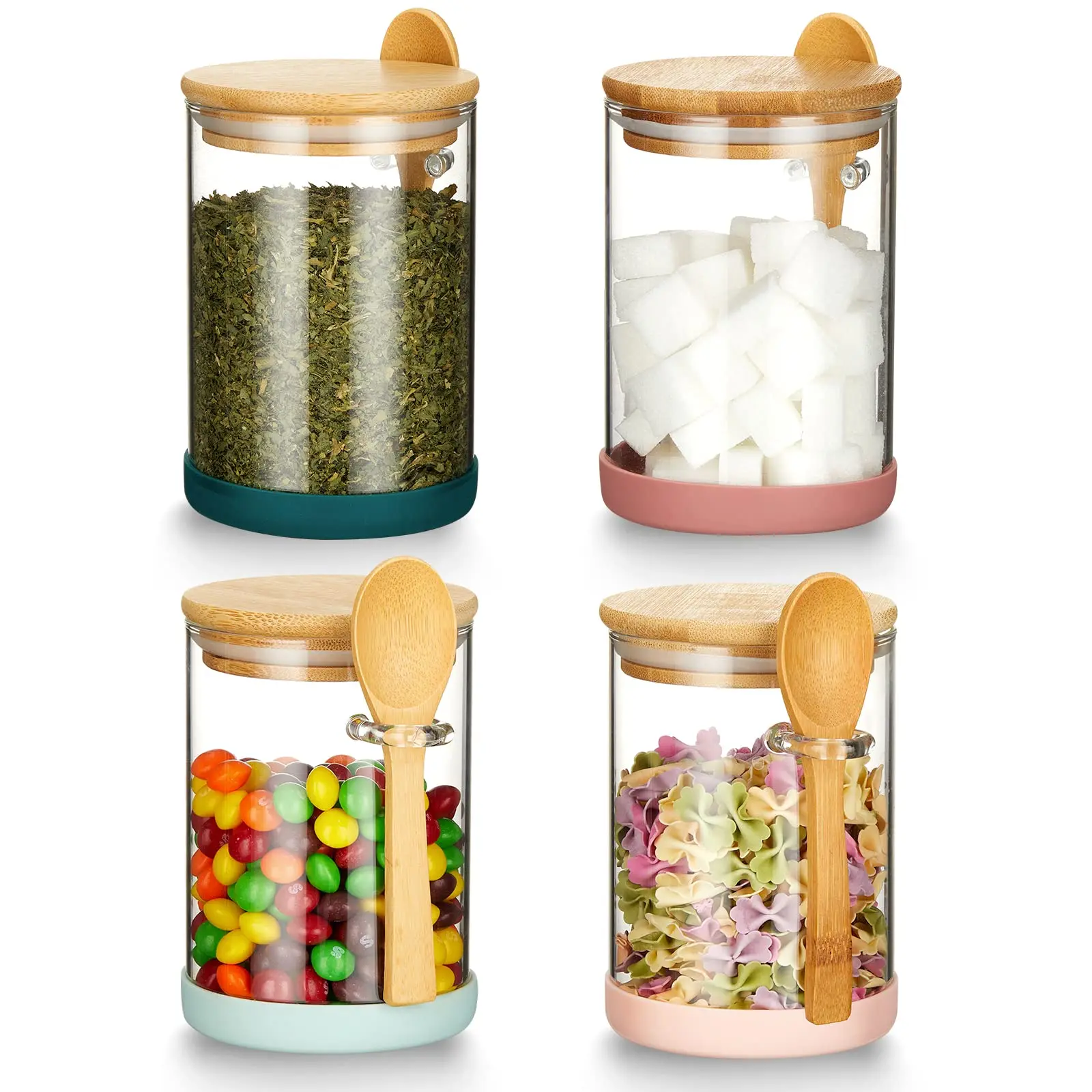 Wholesale Airtight Glass Jars with Bamboo Lids Spoons Borosilicate Glass Jars Kitchen Decor Food Containers