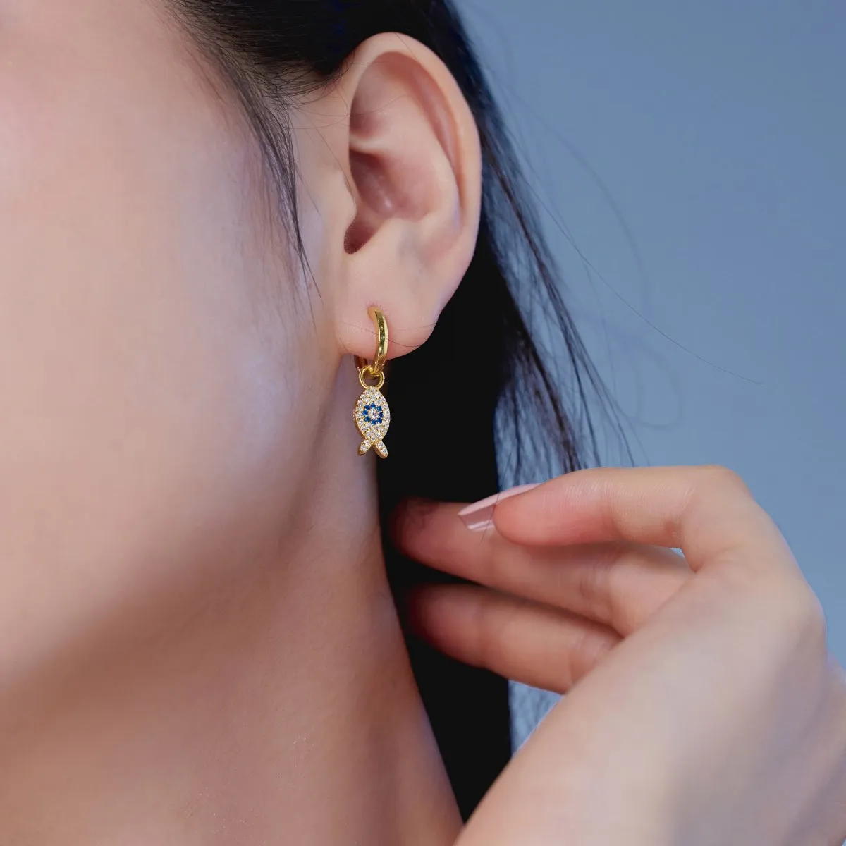 Dylam Turkish Sapphire Cz Cubic Zircon Stone Blue Eyes Fish Shape Dangle Earring 925 Sterling Silver Hoop Earrings For Women
