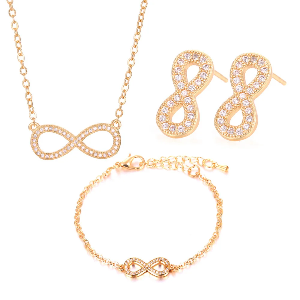 Fashion Jewellery Delicate Small Copper Zirconia Inverted 8 Infinity Earrings Necklace Bracelet Set of 3