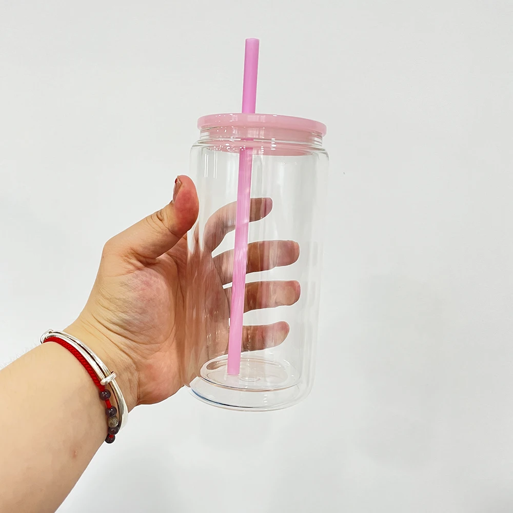 Reusable Coffee pre drilled hole snow globe beer 12oz 15oz sublimation double wall beer can glass with plastic lid and straw