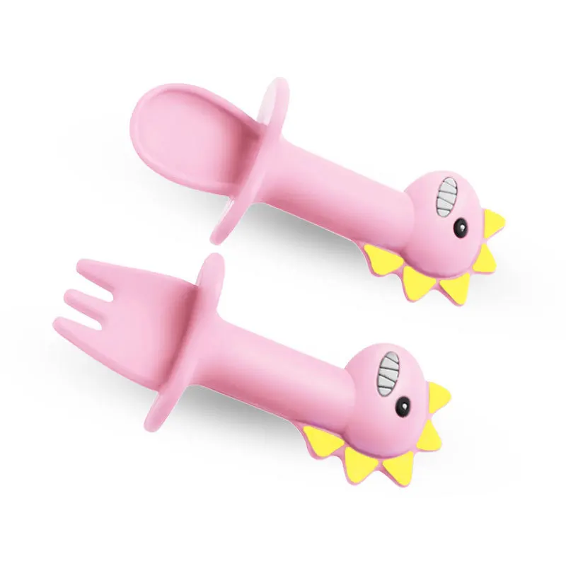 BPA Free Food Grade Dinosaur Animal Fork Spoon Feeding Silicon Plate Baby Set