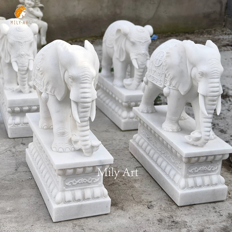 Hand Carved Customized Stone Animal Sculpture White Marble Elephant Statue for Home Decoration