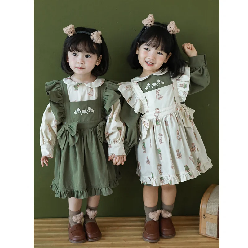 Spring Autumn Toddler Kids 100% Cotton Long Sleeve Dress For Girls Puffy Two Piece Fall Baby Girls Dresses Set With Bows