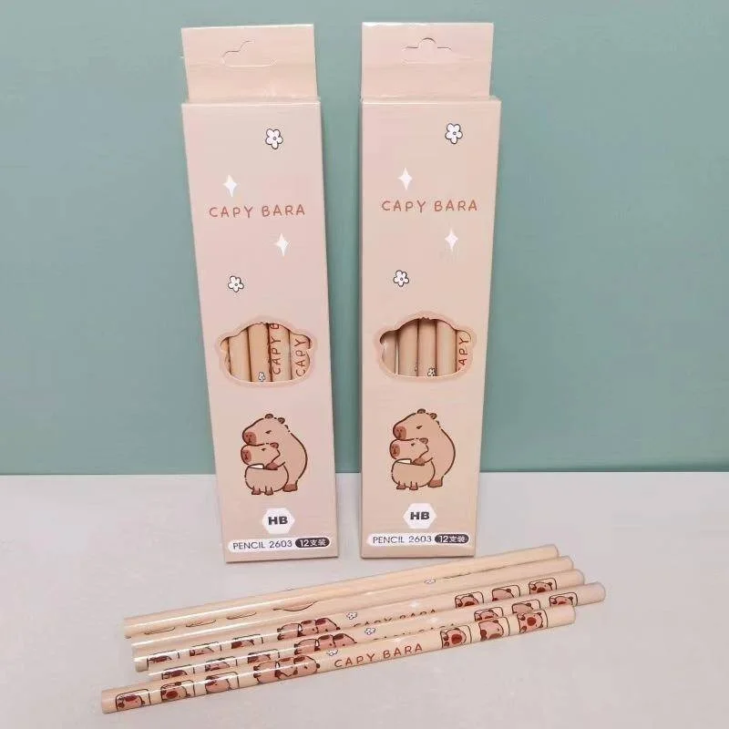 12Pcs/Box Anime Cartoon Capybara Natural Wooden Pencil 2B HB Black Lead Wood Writing Pencils School Stationery Birthday Gift