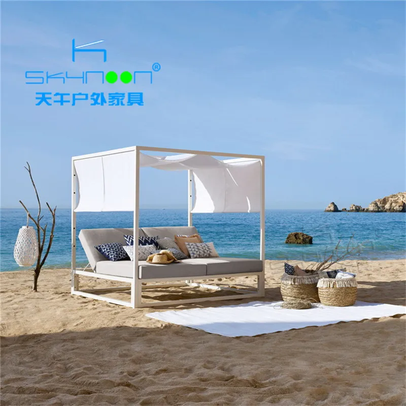 Factory price double sun lounger with canopy high temperature resistant aluminium beach bed high quality daybed outdoor(33021)