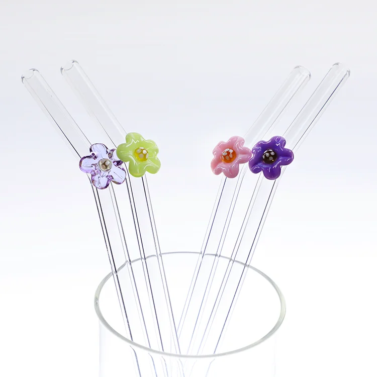 Manufacturer Custom Reusable Bent Glass Drinking Smoothie Straws Cute Glass Straws With Flower Cherry Blossom Glass Straws
