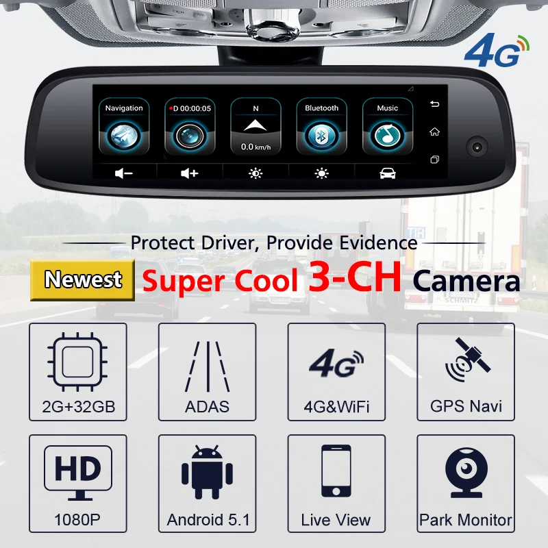 4G WiFi 7.84' FHD 1080P Rearview Mirror Special Bracket Auto DashCam 3 Camera 2+32GB Android 5.1 ADAS Car DVR for Taxi  Dashcam