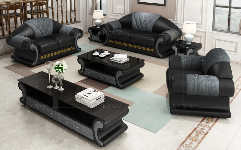 Modern European living room furniture sofa black and grey fabric and leather sofa set 3 2 1 seat