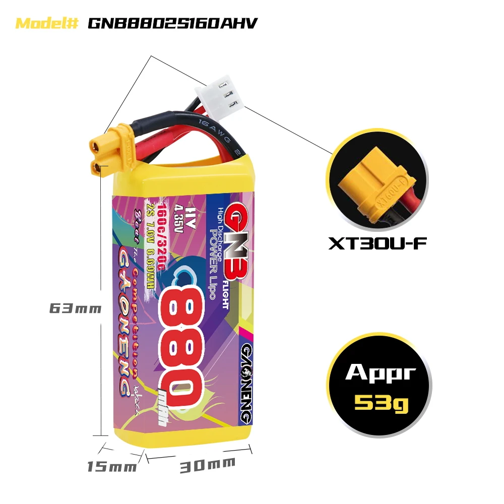 GNB GAONENG 880mAh 2S HV 7.6V 160C XT30 RC LiPo Battery FPV Brushless Drone Racing RC Car Boat Remote Toys Helicopter Robot
