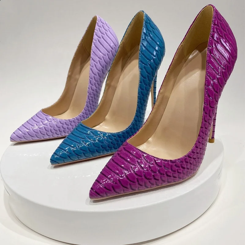 Wholesale Women super pumps 12cm high heel thin stilettos pointed toe slip on party 10cm 8cm fashion snake printed sexy shoes