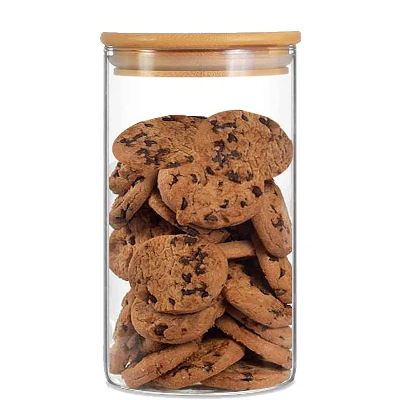Kitchen Storage Set Clear Glass Cookie Pantry Container Jars With Wooden Lids