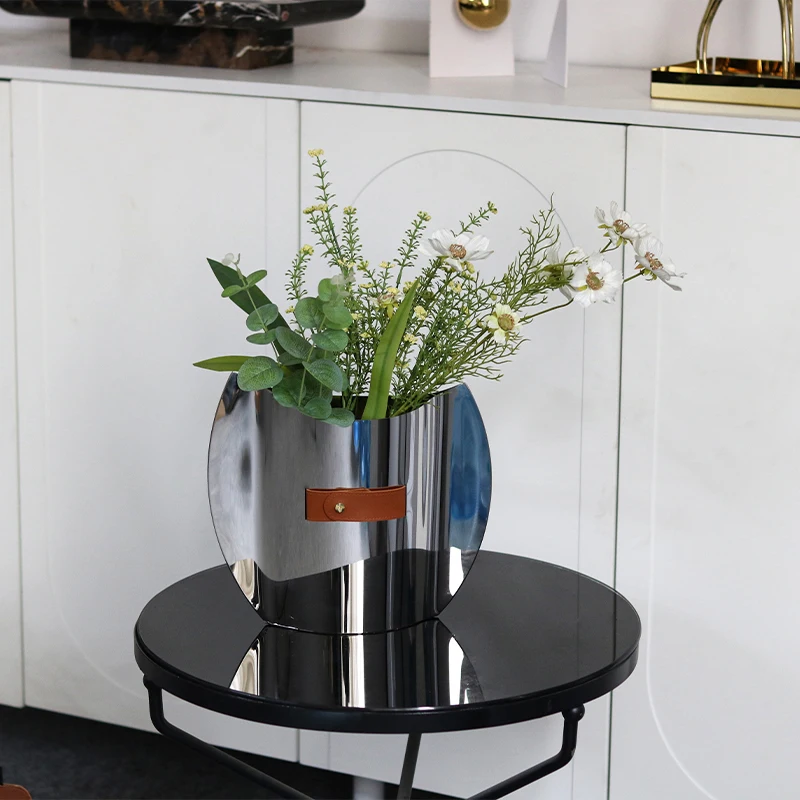 Luxury Home Room Decorative Wedding Leather Decoration Stainless Steel Metal Vase