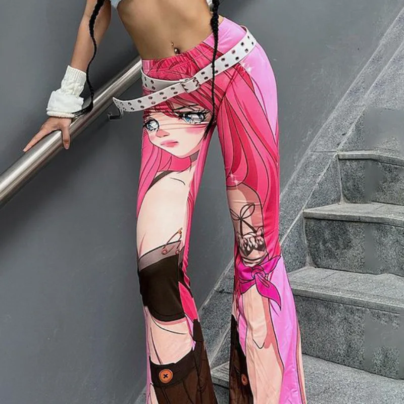 2023 High waisted digital printed slim fitting Cartoon anime speaker yoga bell women flare leggings trouser  y2k pants for woman