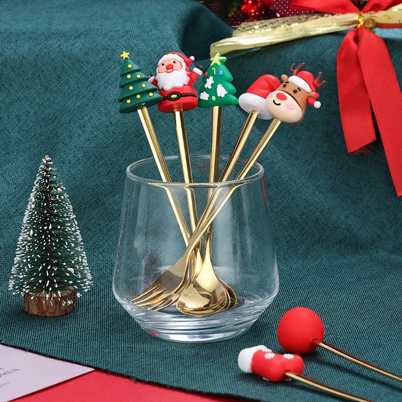 Golden Christmas Spoon Gift Set Cutlery Set Dessert Coffee Spoon 4pcs & 6pcs Christmas Spoon and Fork Set