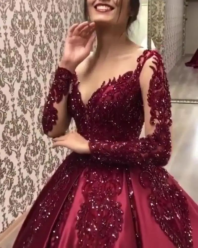 Красное Атласное Пышное вечернее платье с длинными рукавами и кружевной аппликацией