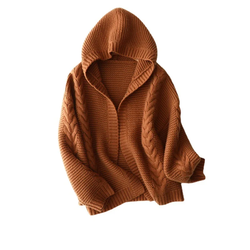 Custom Winter Women Cashmere Wool Hooded Cable Knit Thick Outerwear Solid Cashmere Sweater For Women Cashmere Cardigan