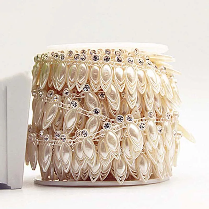 diy crystal plastic beaded chain lace scarf hat decorative beige imation drop leaf pearl trimming rhinestones string pearl trims
