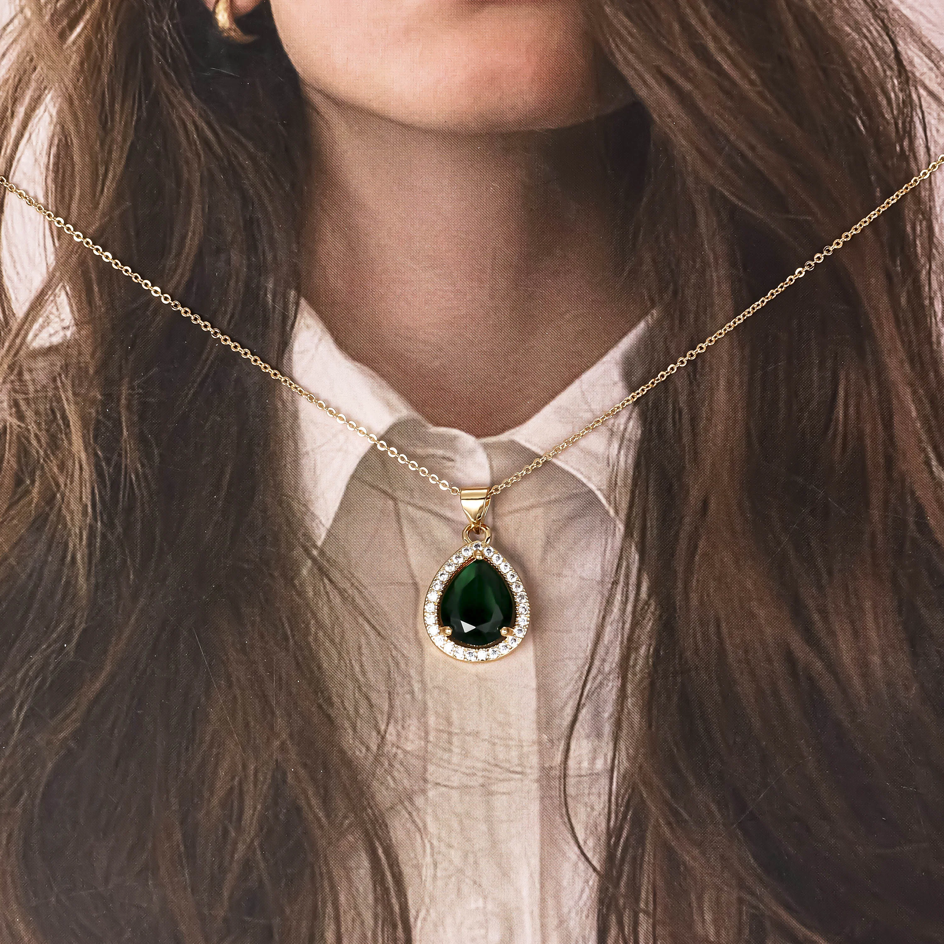 CM jewelry fashion wholesale black green zircon 18K gold plated set Pendant Necklace earring Pear Cut water drop set for women