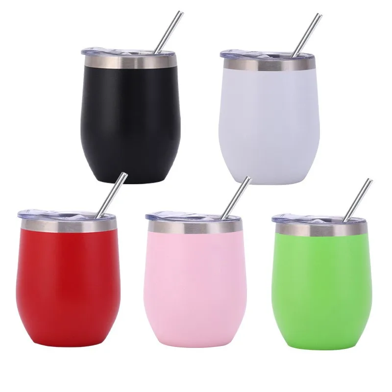 12oz Stainless Steel Wine Tumbler Vacuum Insulated Wine Glass Cup With Straw