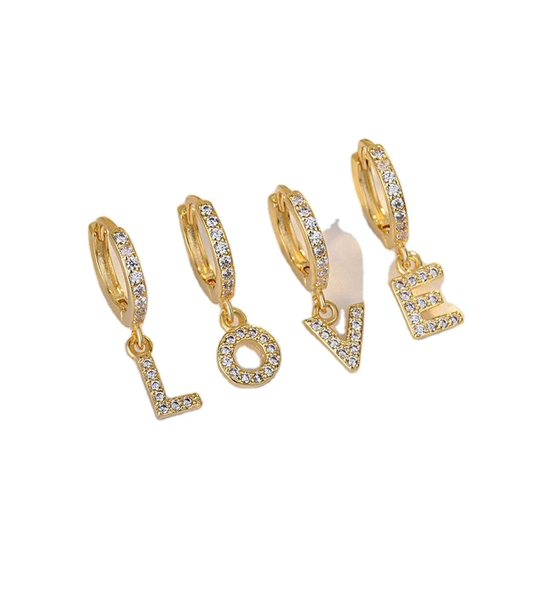Fashion 3A Cubic Zircon New Exquisite Initial Earrings Creative 26 English Lettere 14k Gold Plated Zircon Earrings