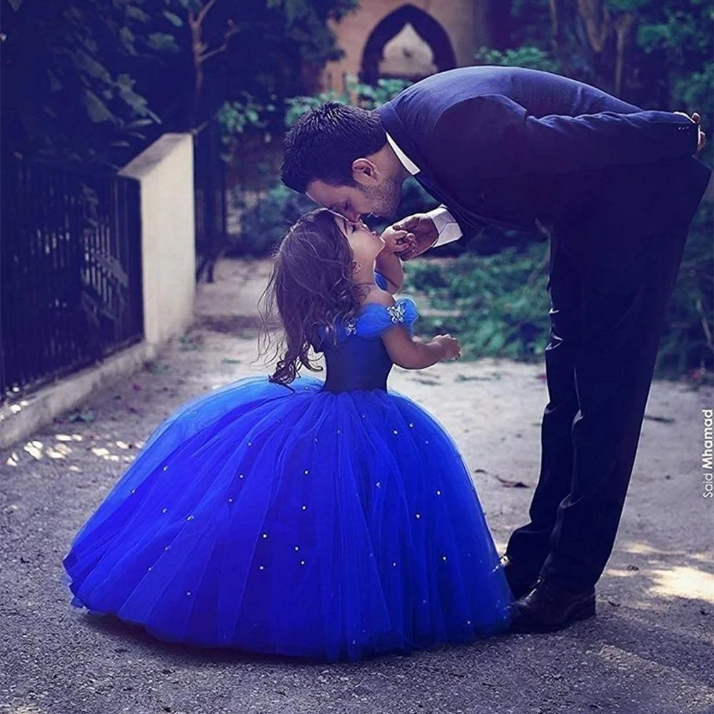 Ярко-синее детское Пышное leeve длинные бальный наряд, вечернее платье с цветочным узором для девочек; Вечернее платье