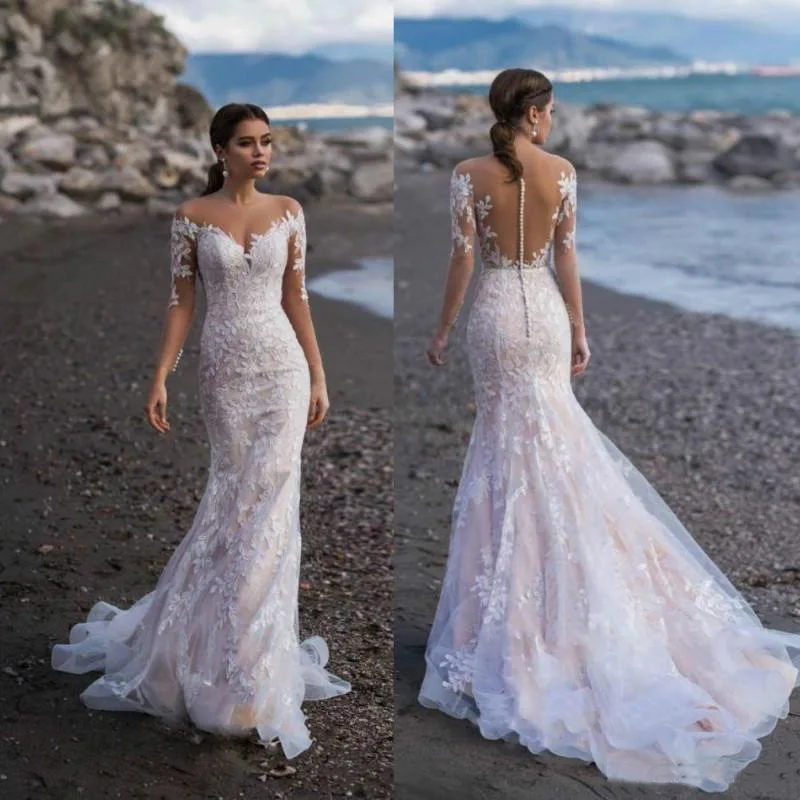 2022 new bridal simple deep V-neck long-sleeved wedding dress forest large backless travel shoot small trailing soft yarn thin