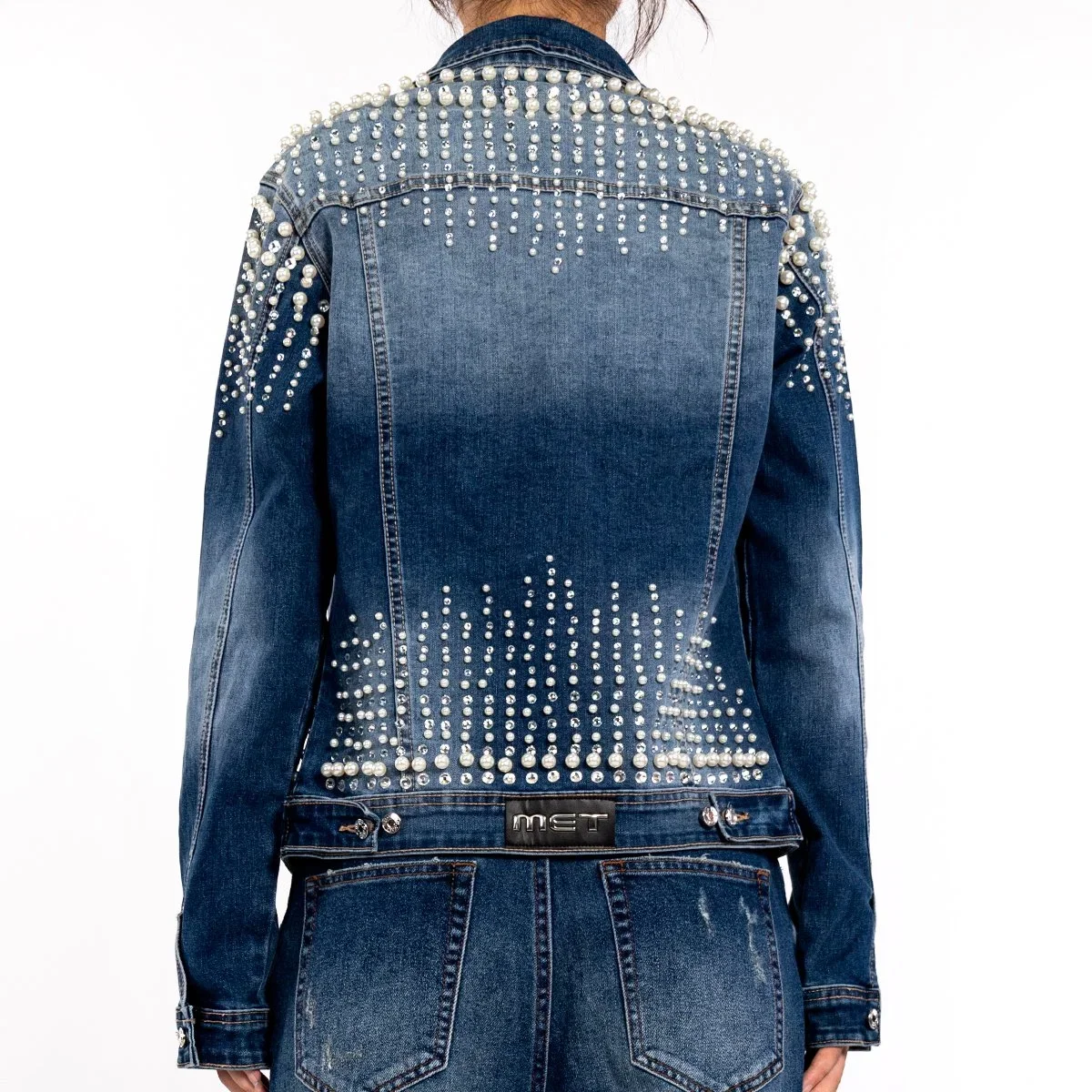 Custom Women Navy Blue Heavy Duty Pearl Rhinestone Long Sleeve Lapel Jean Jacket