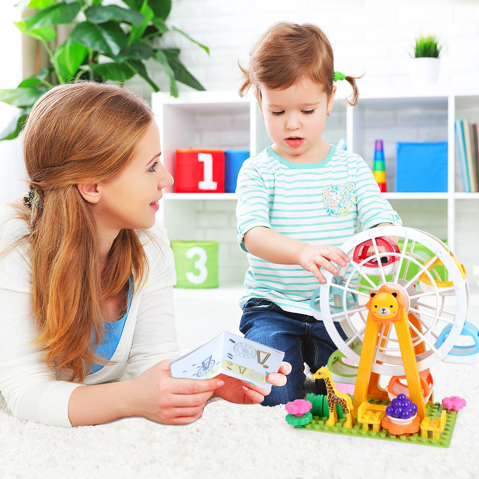 44PCS Ferris Wheel Building Blocks Sets, 3D Amusement Park Model Kit, Large Bricks Classic Creative Construction Toy for Toddler