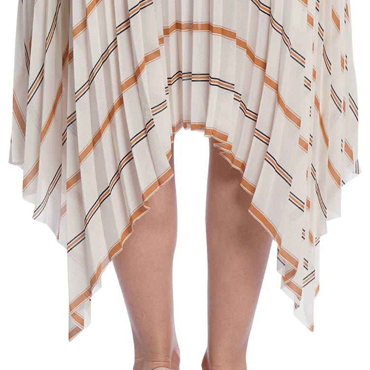 
Stripe print chiffon irregular hemline all over pleat pleat structure creats wave effect women fashion classy skirts summer set 