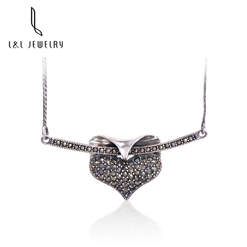 fashion cute S925 sterling silver heart owl marcasite setting necklace with Chain creative jewelry for girls
