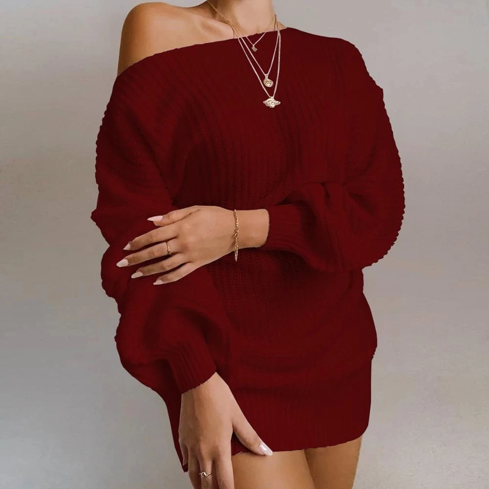 
The hottest ladies casual off-shoulder lantern sleeve knitted sweater dress 