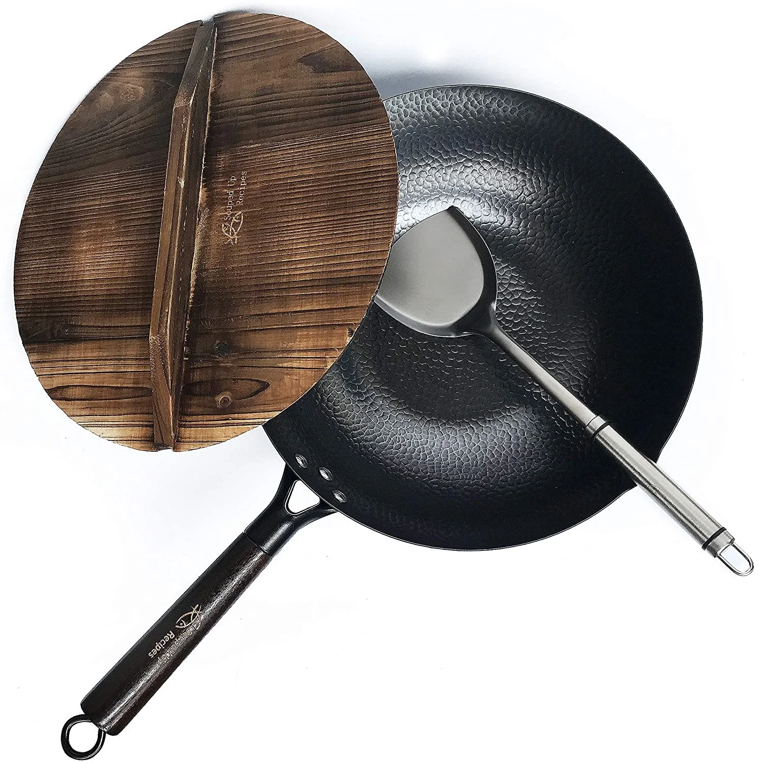 Round non-stick wok with wooden lid multi-function kitchen cookware carbon steel pot 3-piece set