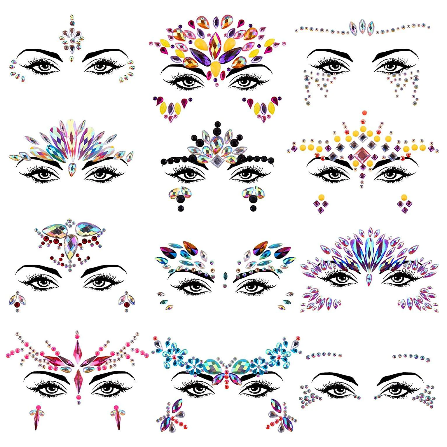 Face Gem Jewels Rave Colorful Crystal Gem Eye Face Body Jewel Crystal Rhinestone Stickers for Festival Party