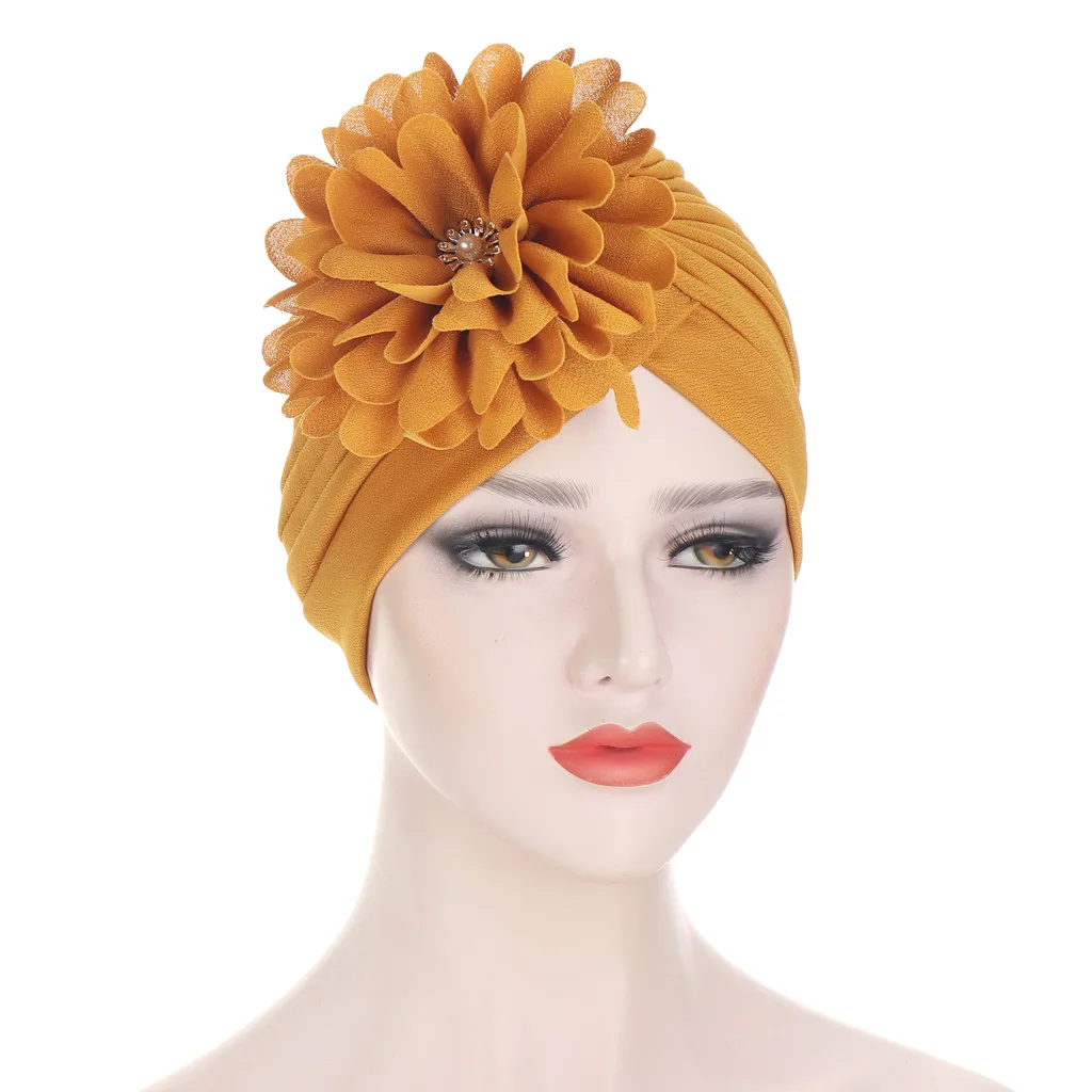Wholesale Forehead big Flower Hat Women Turban Head Wrap Arab Muslim Beanie hijab Cap Indian Female Hair Bonnets Turban