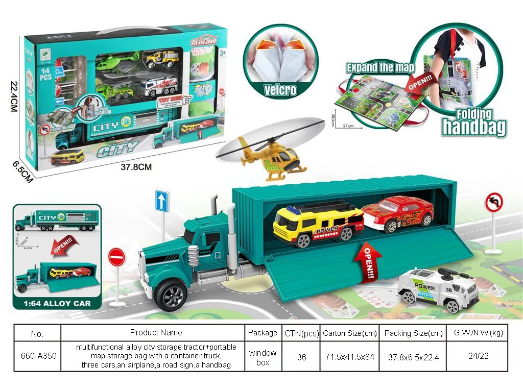 Hot selling storage portable handbag map tractor car toys alloy car toy set