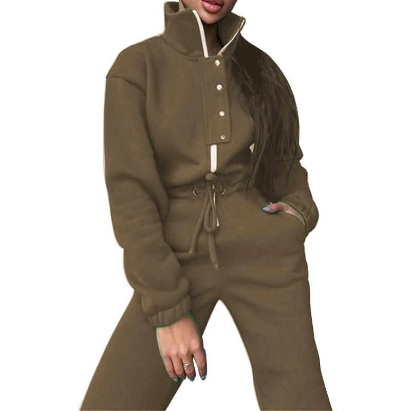 Factory Wholesale New Stand Collar Zipper Jumpsuit Long Sleeve Drawstring Waist Sportswear Jumpsuits Sweatsuit Women