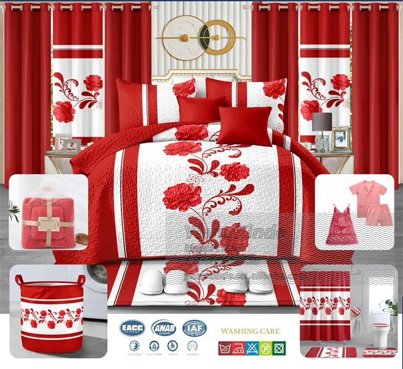 customized king size 24 pieces quilted sheet sets with matching curtains 100% cotton bedspread set with bathroom sets